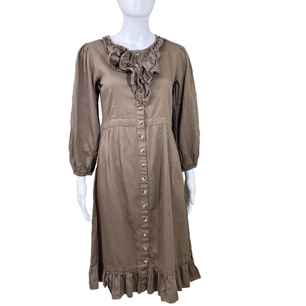 Kate Quinn Organic Cotton ruffled neck hem Dress size XS brown Boho Earthy